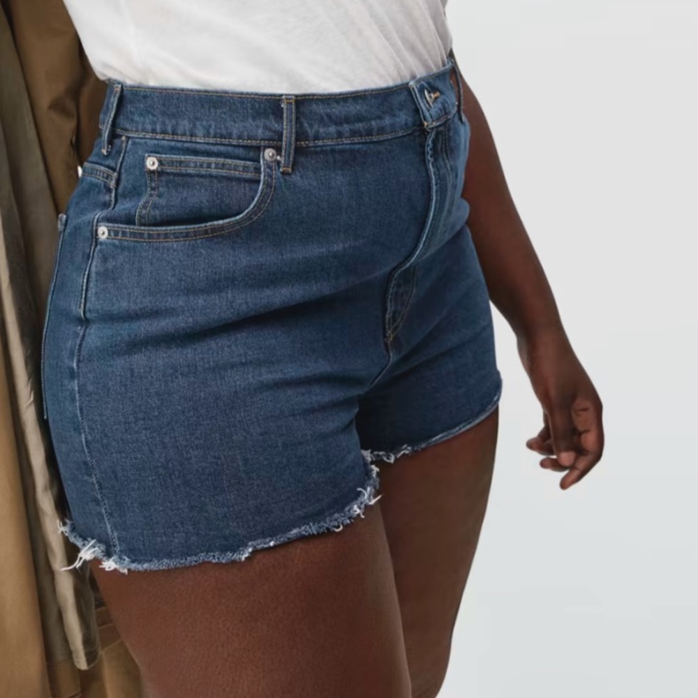 Everlane Super High Waisted Medium Wash Raw Hem Denim Jean Shorts